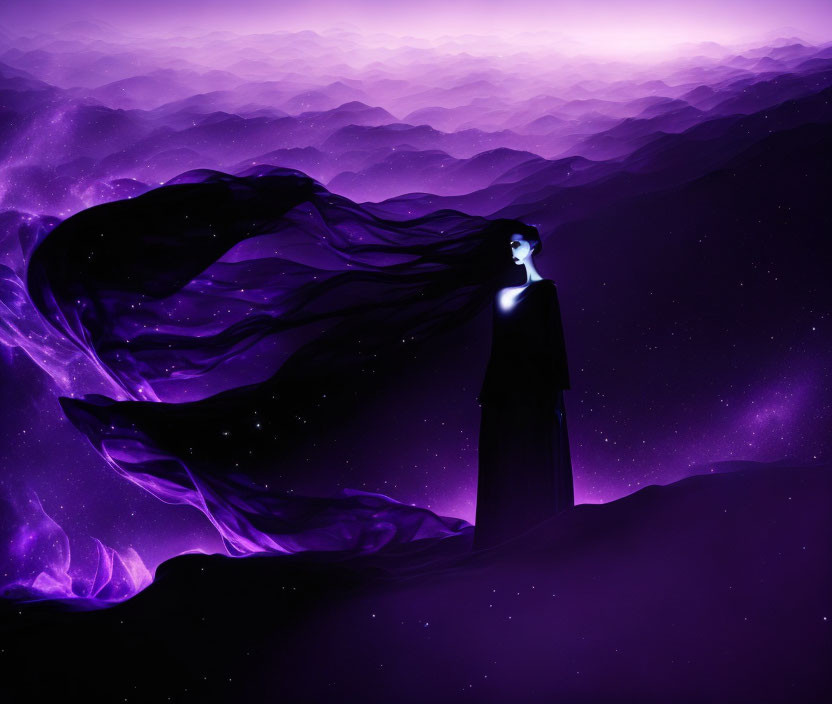 Surreal person with dark cape on purple starry landscape