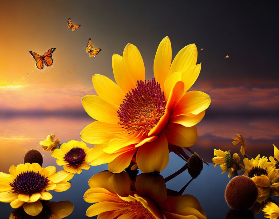 Colorful yellow flower with butterflies on sunset sky.