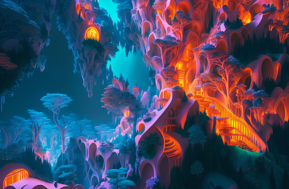 Vibrant surreal landscape with alien architecture and glowing flora