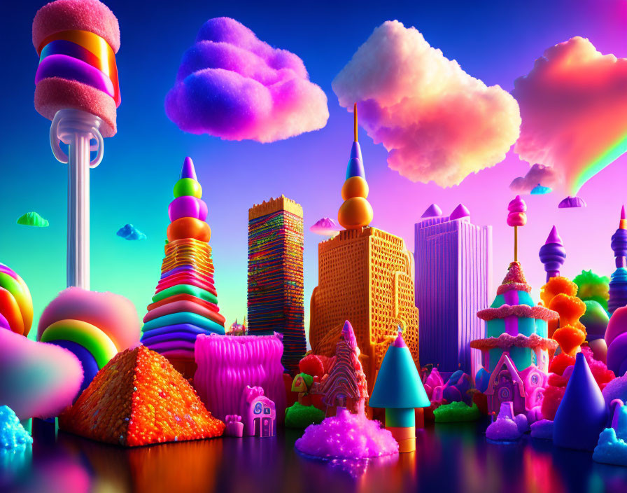 Colorful fantasy cityscape with whimsical candy-like structures