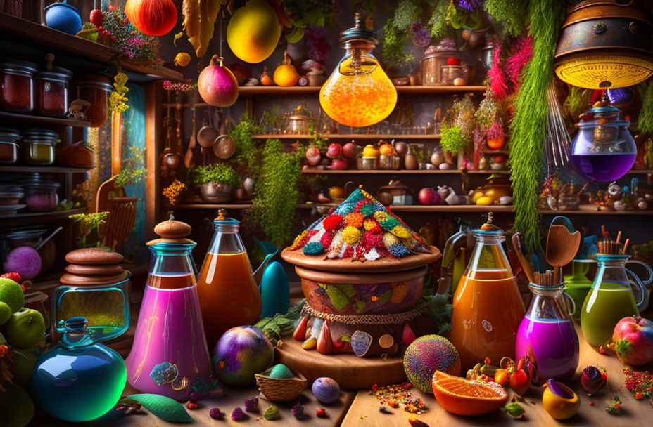 Fantastical Potion Shop with Colorful Bottles & Magical Ingredients