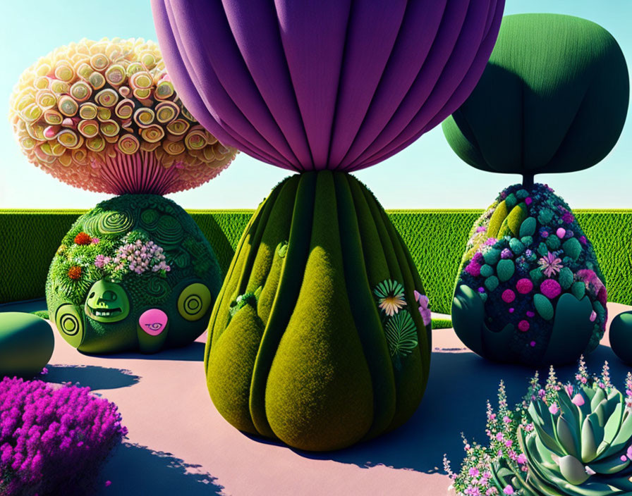 Colorful digital art: whimsical trees and plants with unique textures in fantastical garden.