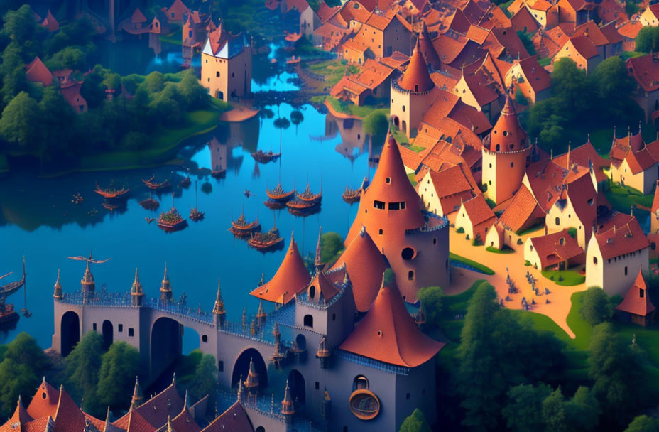 Medieval village with spires, river, bridges, and boats in golden light