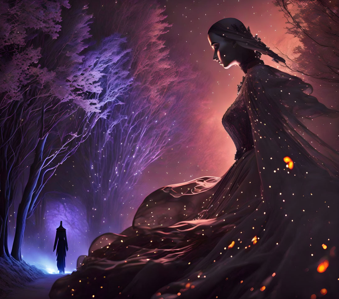 Woman in flowing gown gazes at mystical purple forest with approaching silhouetted figure.