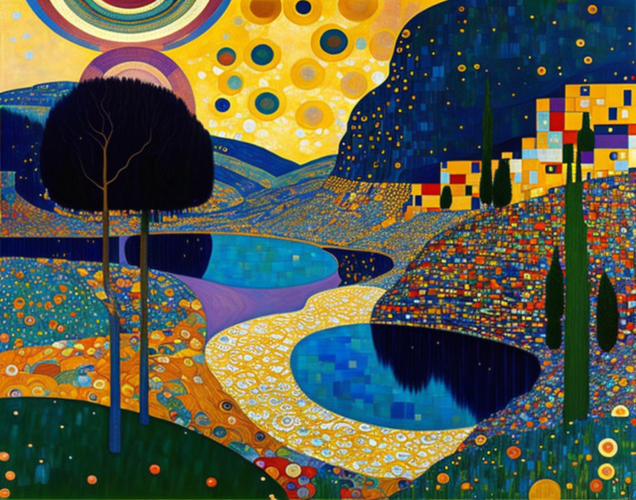 Colorful fusion of Van Gogh and Klimt in swirling skies and patterned landscapes