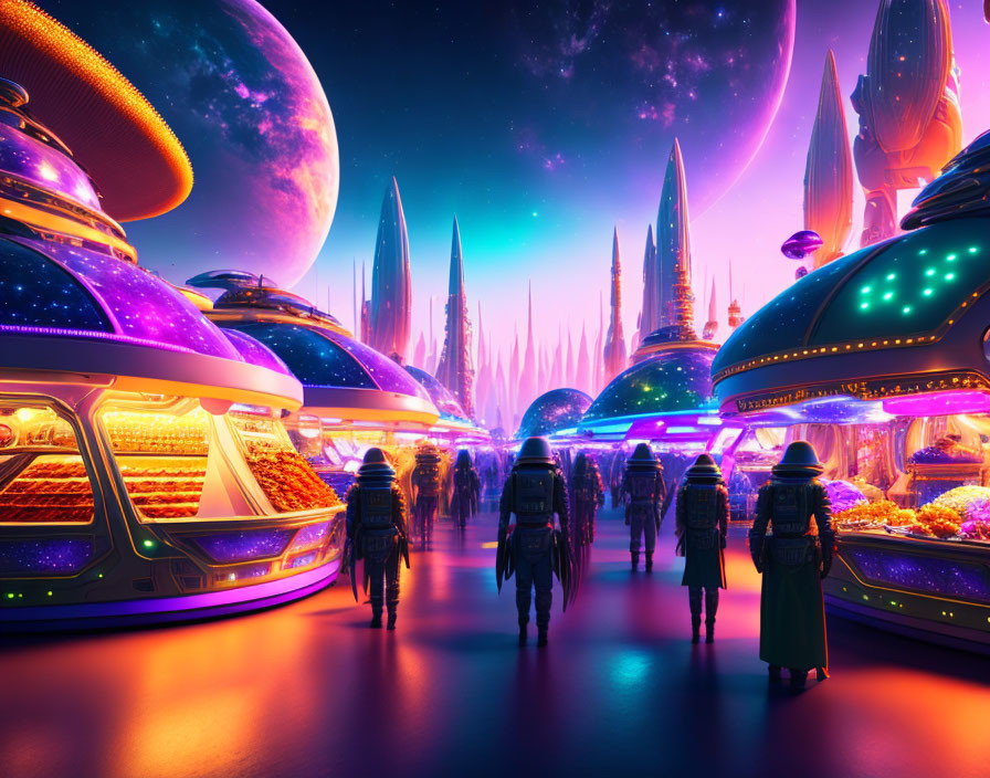 Futuristic cityscape with towering spires, neon lights, and celestial bodies