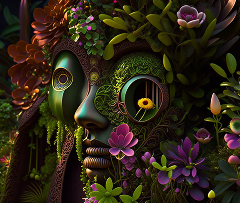 Colorful artwork featuring a face decorated with floral and botanical elements