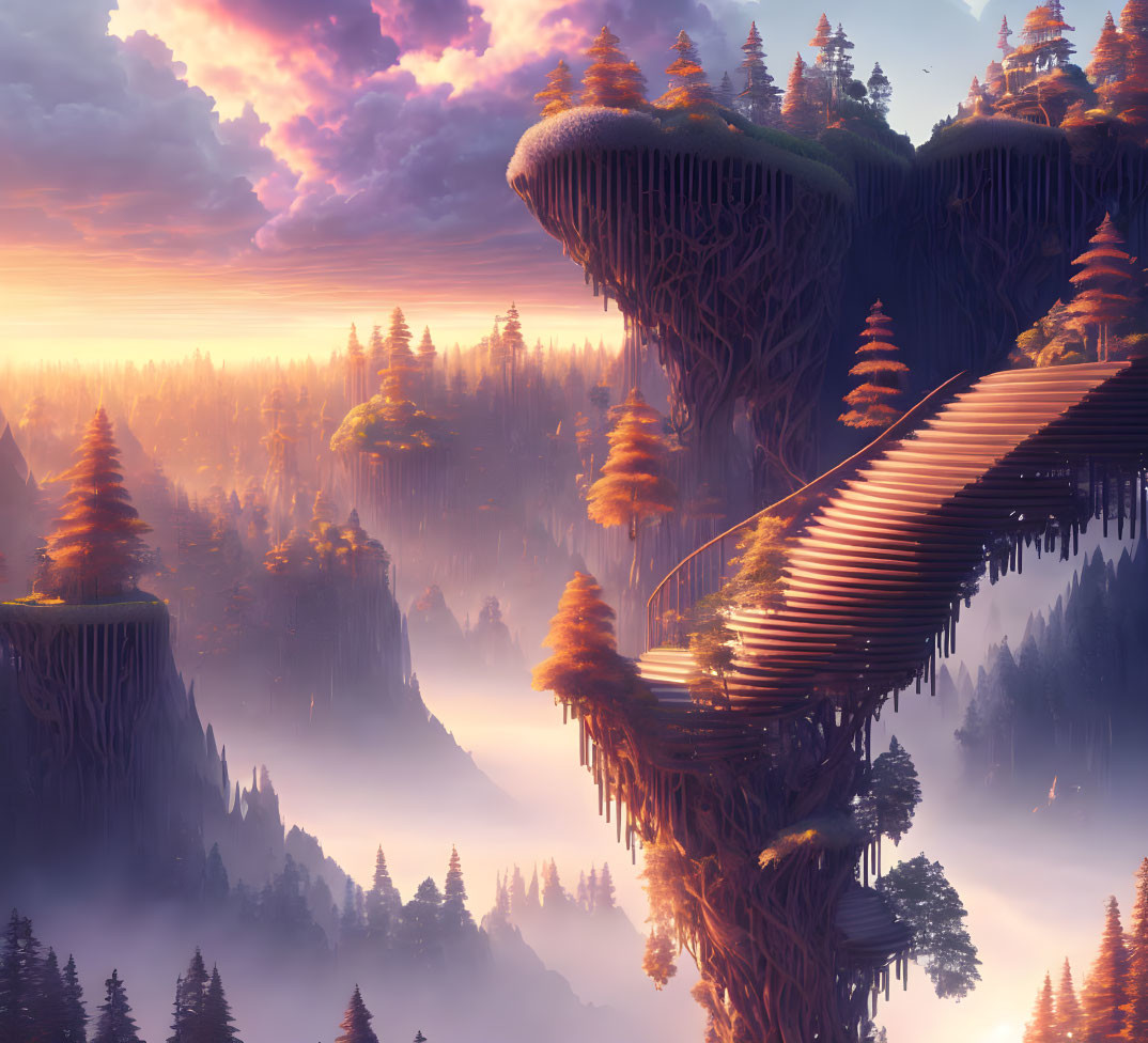 Fantasy landscape with towering rock formations and sunrise-lit trees.