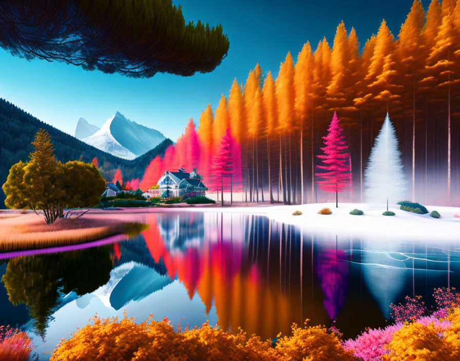 Colorful Trees Reflecting on Tranquil Lake with Snow-Capped Mountains