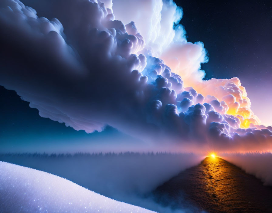 Dramatic illuminated clouds, starry sky, misty landscape, and dark pathway