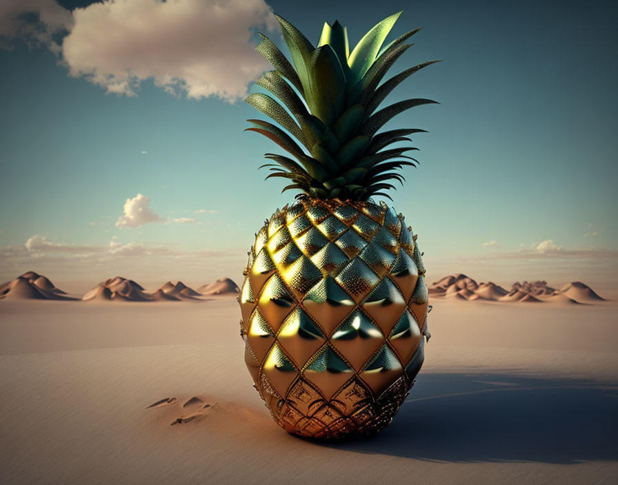 Golden pineapple in desert with sand dunes under clear sky