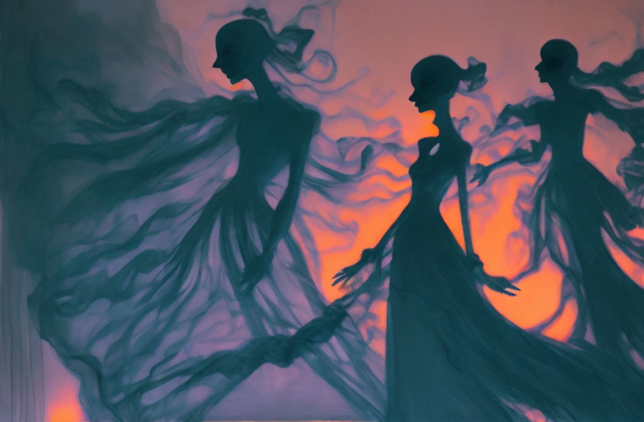 Flowing dresses on ethereal figures against warm gradient backdrop