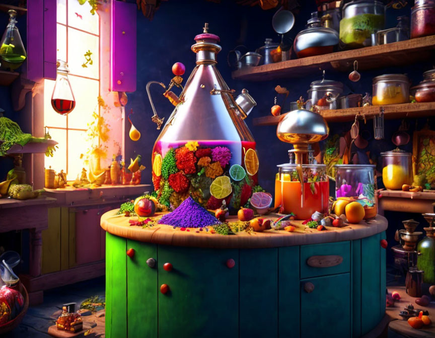 Colorful Still Life: Magical Potion-Making Scene with Flowers, Fruits, and Alembic