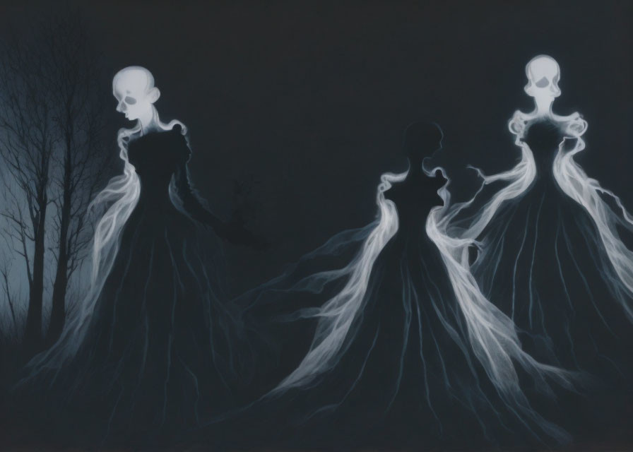 Ghostly figures with skull-like faces in flowing dresses on dark background