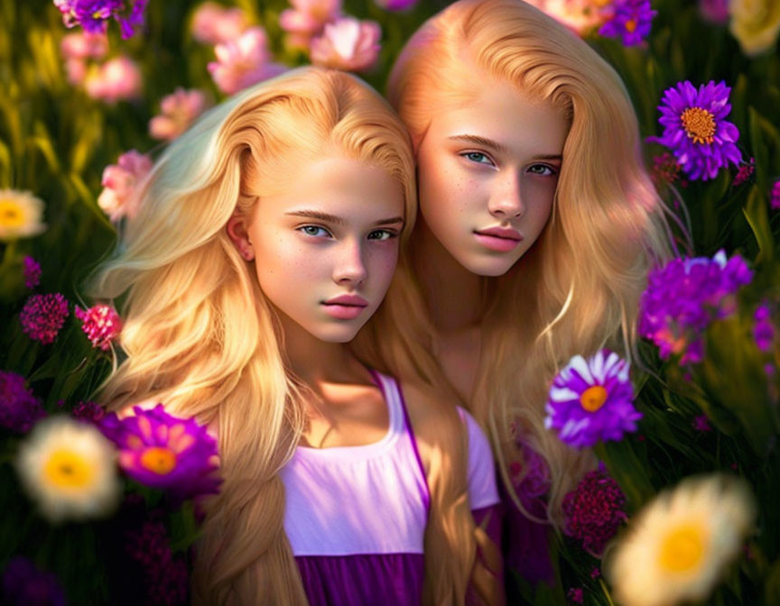 Identical Female Figures with Blonde Hair and Blue Eyes Surrounded by Wildflowers