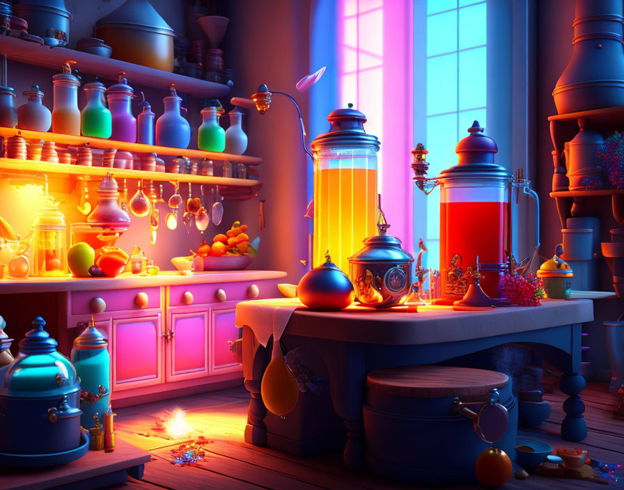 Colorful Alchemist's Lab with Potion Bottles, Glowing Liquids, and Magical Artifacts