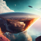 Surreal inverted mountain landscape in glass dome with spaceships and celestial glow