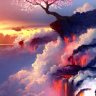 Fantasy landscape with towering rock formations and sunrise-lit trees.