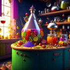 Colorful Still Life: Magical Potion-Making Scene with Flowers, Fruits, and Alembic