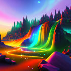 Fantasy landscape digital artwork with neon waterfalls and aurora sky