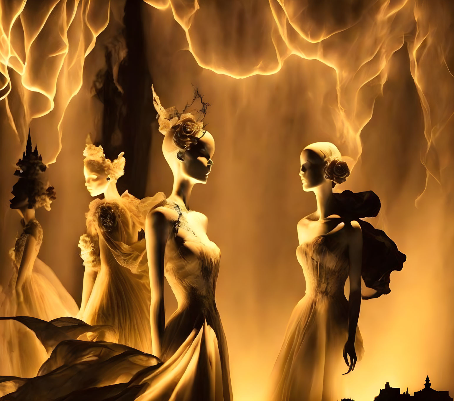 Three elegant mannequins in exquisite dresses against fiery backdrop.