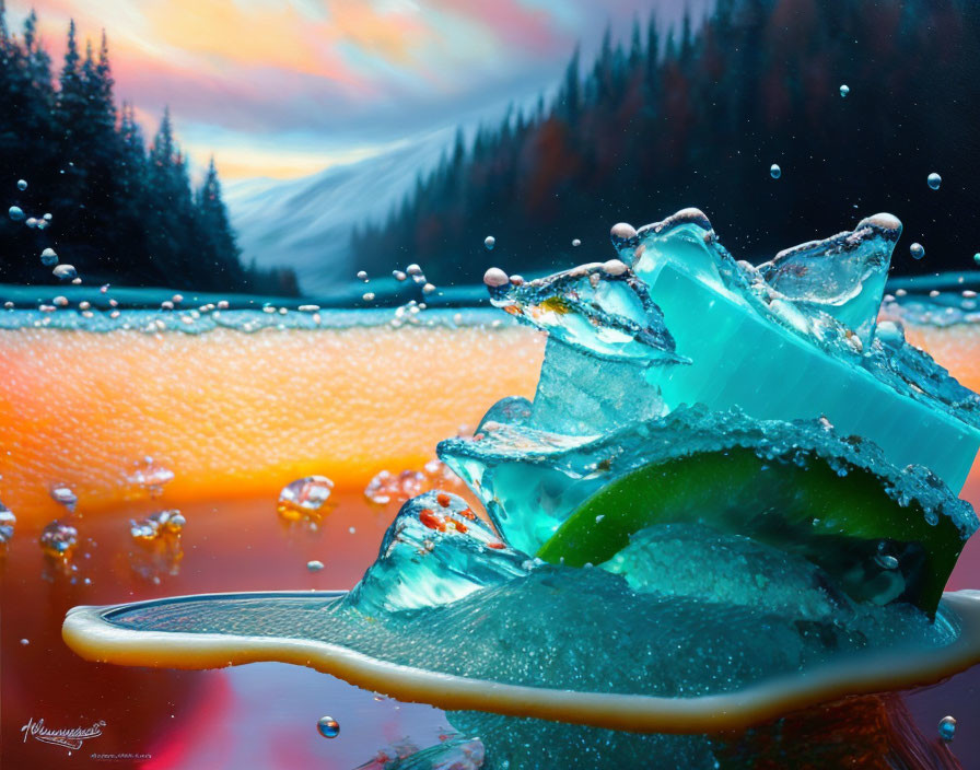 Sliced lime and ice cubes in water splash at sunset