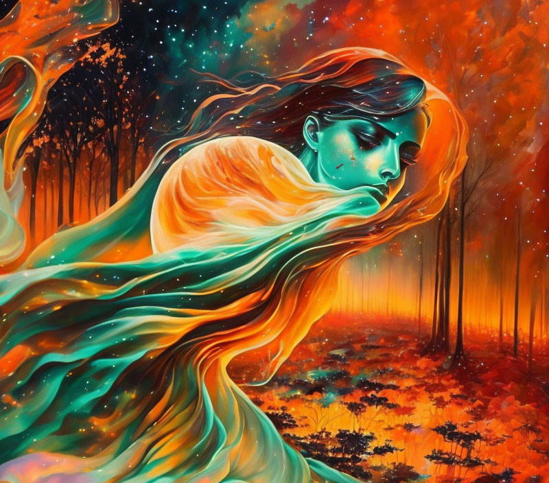 Colorful painting: woman with flowing hair in cosmic setting among autumn forest.