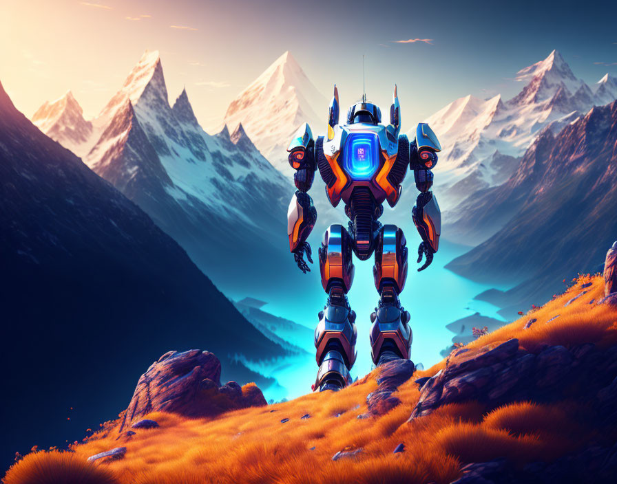 Robot on Rocky Orange Terrain Overlooking Blue Lake & Snowy Mountains