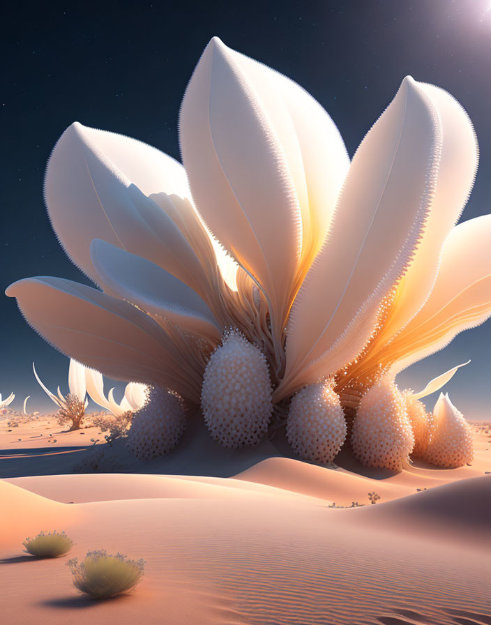 Surreal desert landscape with white petal-like structures and textured orbs