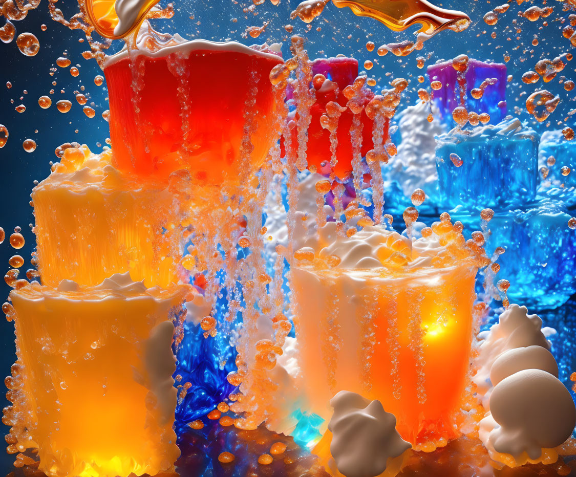 Vibrant colorful beverages in five overflowing glasses on dark background