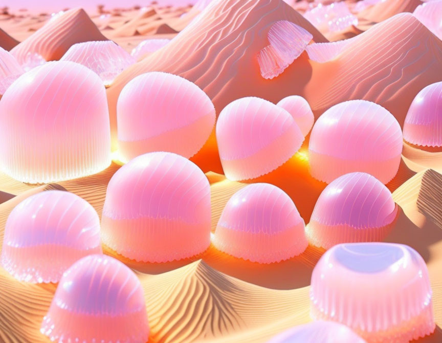 Surreal desert landscape with glowing shell-like structures