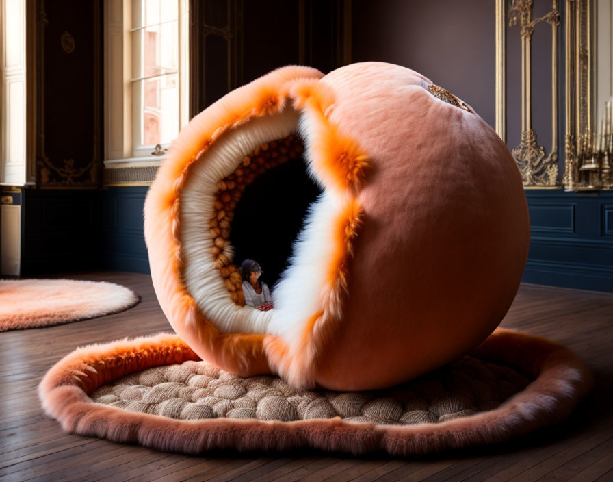 Peach-colored spherical chair in elegant room with dark walls