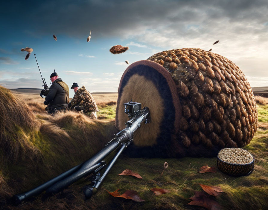 Camouflaged individuals fishing by oversized acorn shell