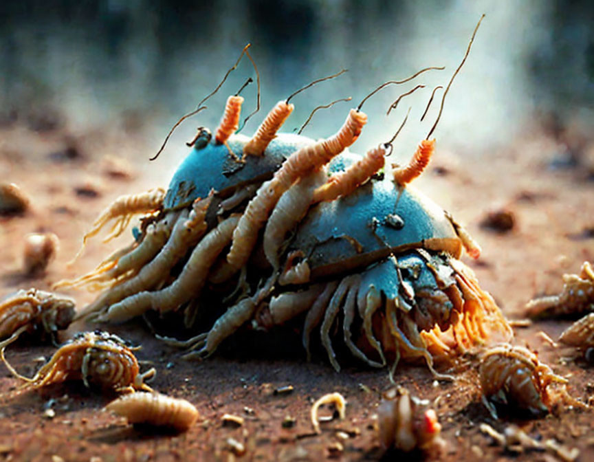 Decomposed fruit with yellow mealworms on blurred natural backdrop