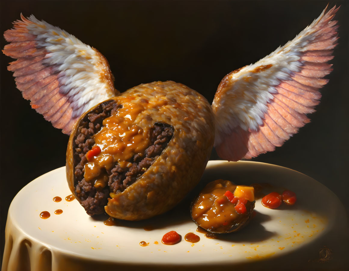 Surreal meatball with wings on plate with sauce