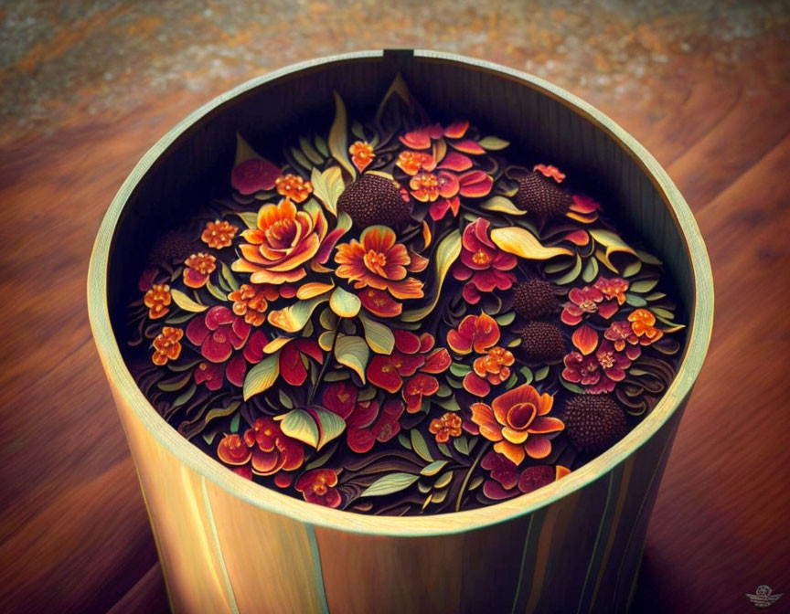 Floral Patterned Wooden Cylinder in Reds, Oranges, Yellows