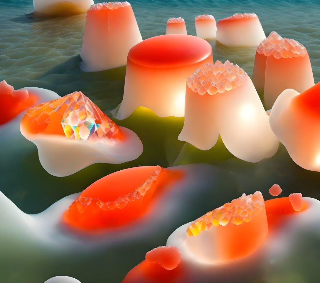 Orange abstract art: Jelly-like formations, iridescent textures on water surface