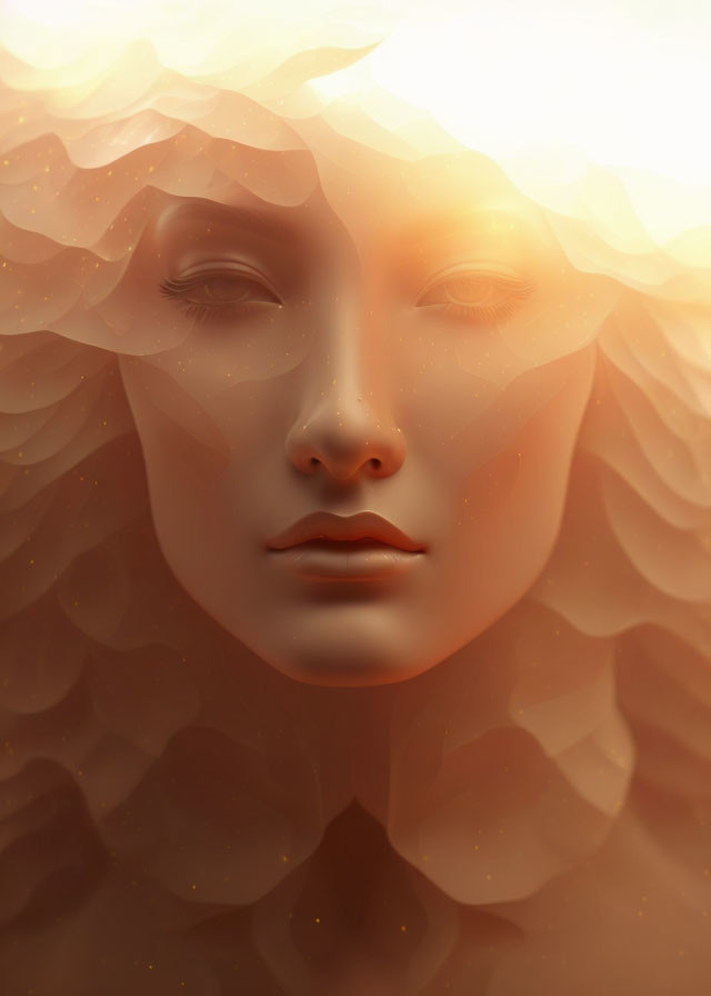 Golden-hued woman's face with petal-like textures: Serene illustration