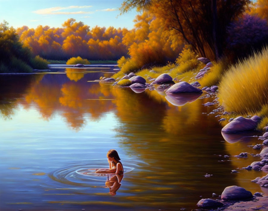 Person wading in calm river surrounded by autumn trees and stones