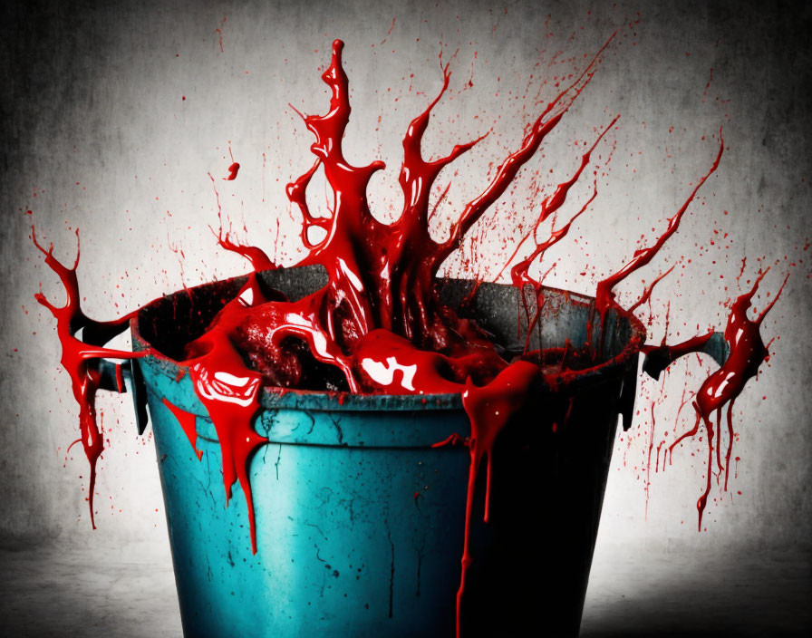 Vivid red liquid splash from blue bucket on grey backdrop