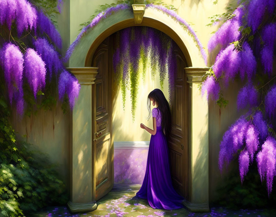 Purple-dressed girl in garden with wisteria blossoms at arched doorway