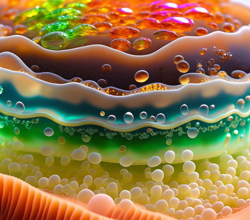 Colorful Droplets on Layered Micro Landscape Gradient in Orange, Green, and Blue