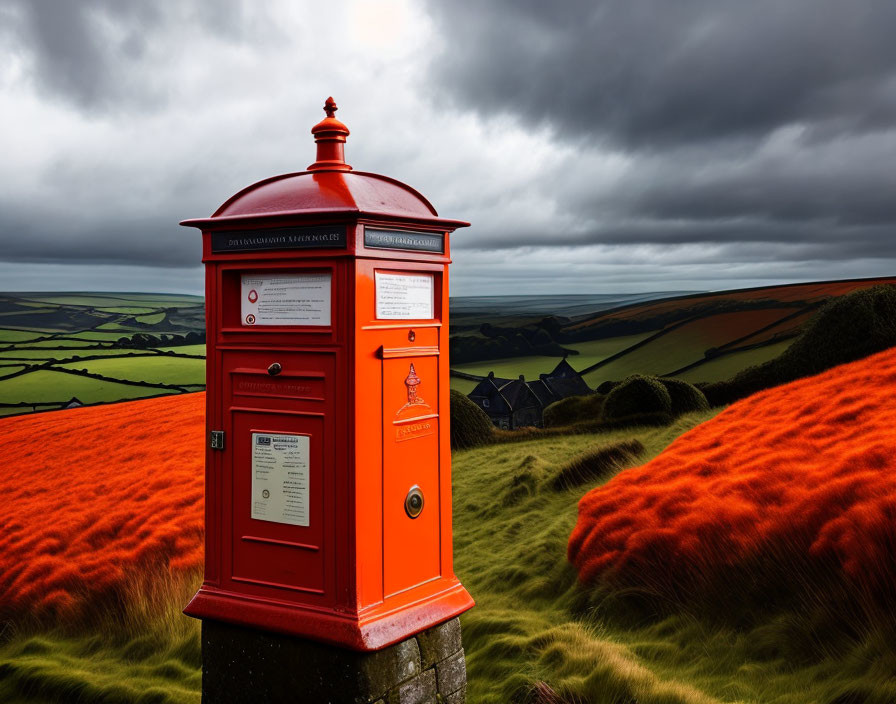 Red British Mailbox in Rural Landscape Under Stormy Sky