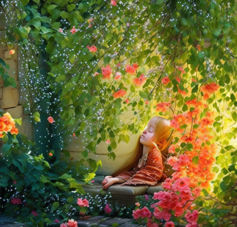 Blonde Girl Surrounded by Orange Flowers and Green Foliage