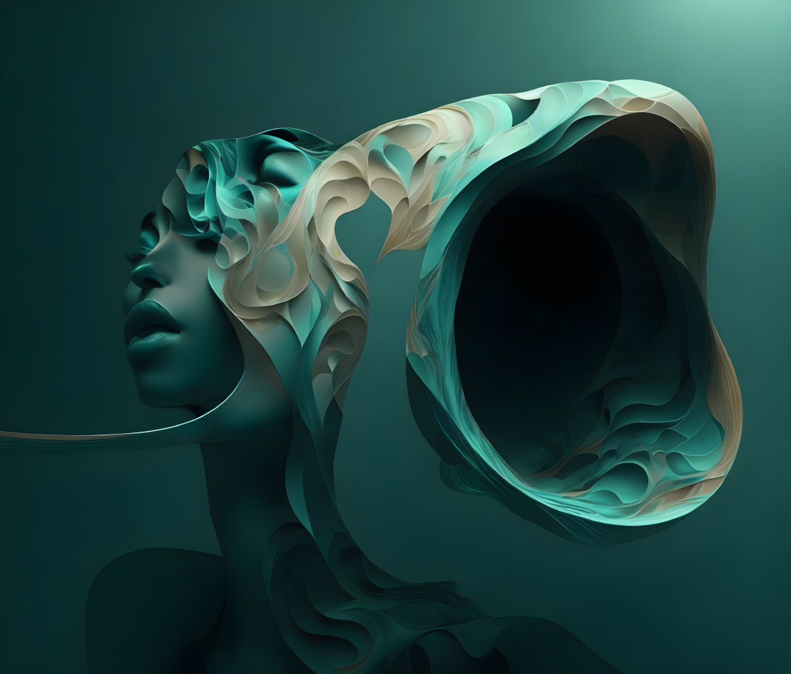 Surreal digital artwork of woman with wave-like head on teal background