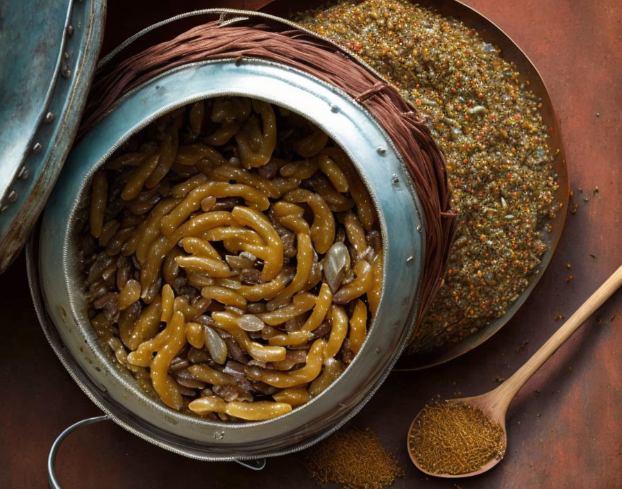 Rustic cooked pasta with seeds in metallic pot, twine spool, and spices on dark