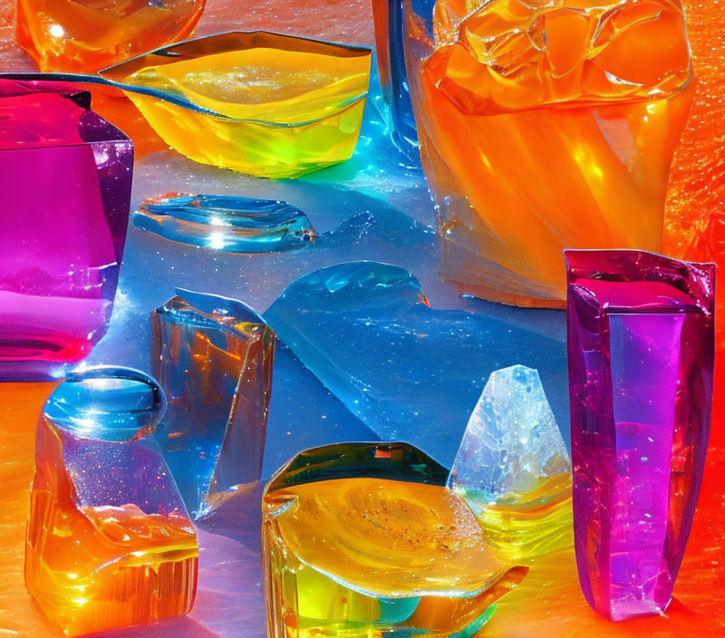 Colorful Glass Pieces Reflecting Oranges, Blues, and Purples