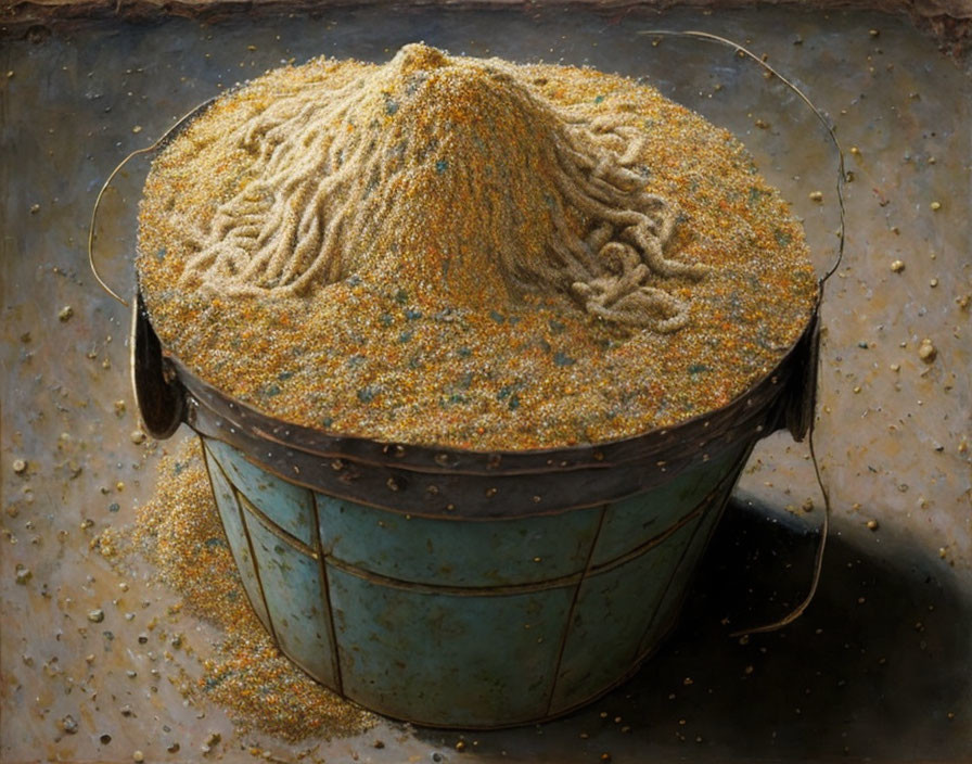 Blue bucket filled with sand and rope resembling noodles on a spice heap