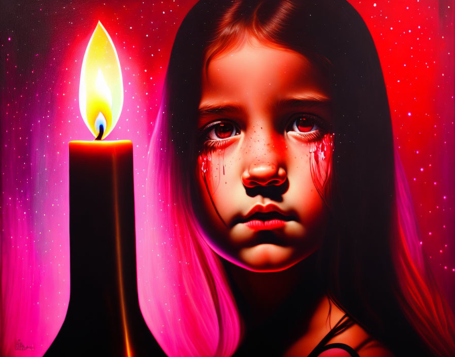 Young girl with tears next to burning candle in cosmic setting