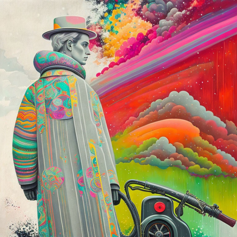 Person in Patterned Coat and Hat Against Vibrant Cosmic Background